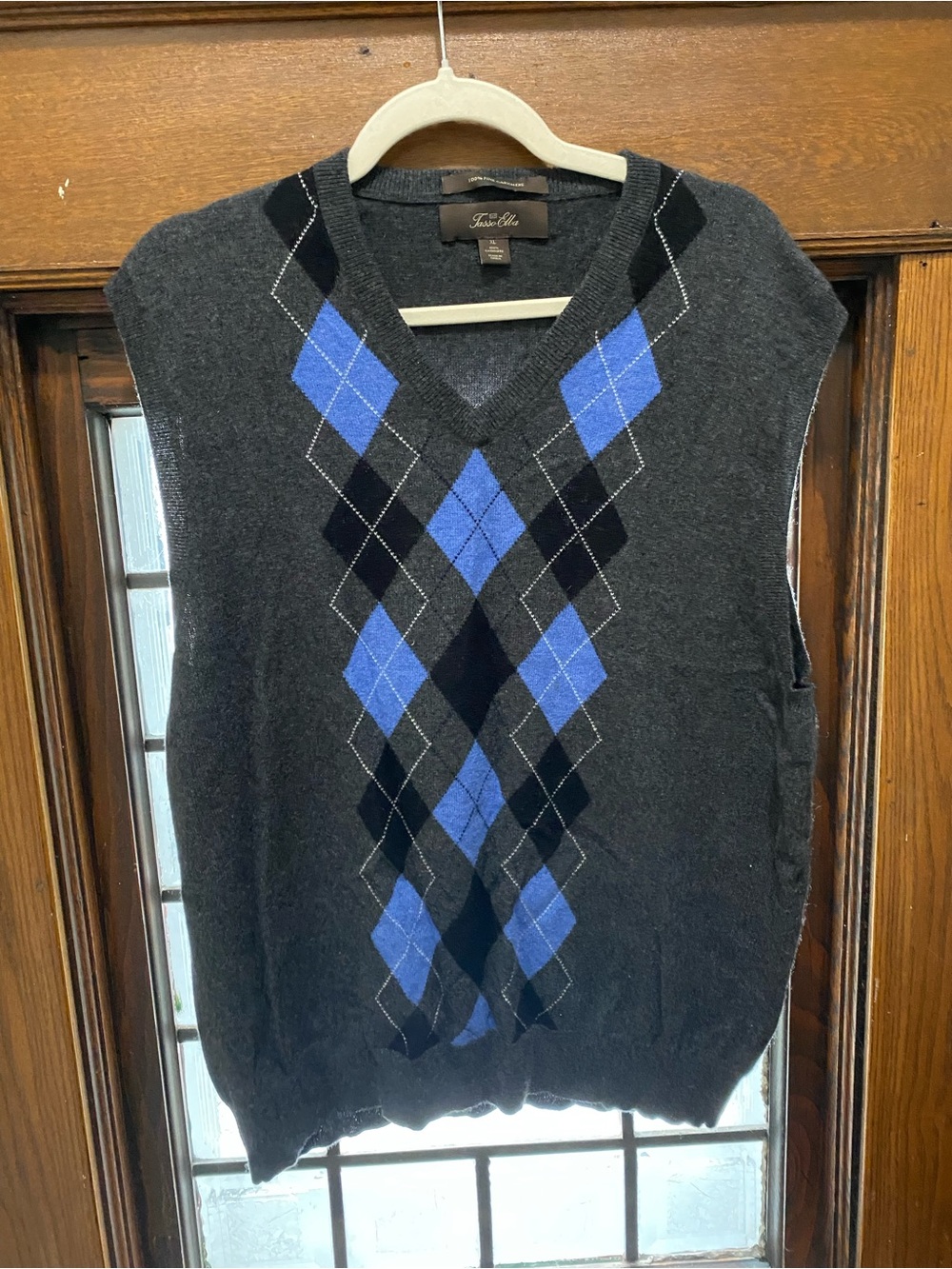 100% Cashmere Argyle Tasso Elba Sweater vest-XL